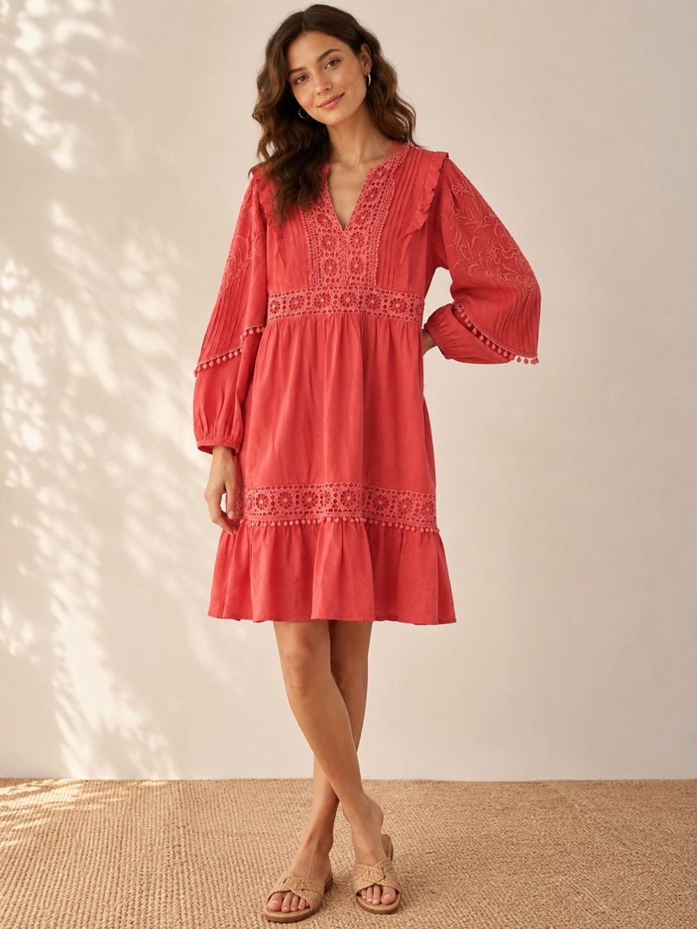 Anthropologie Akemi And Kin Coral Embroidered Boho Dress - Medium Like New